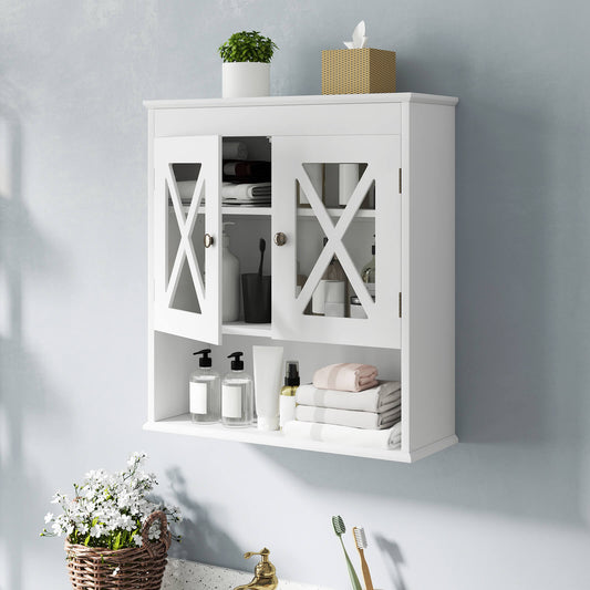 The wall cabinet mounted on a wall with doors open showing toiletries and folded towels inside