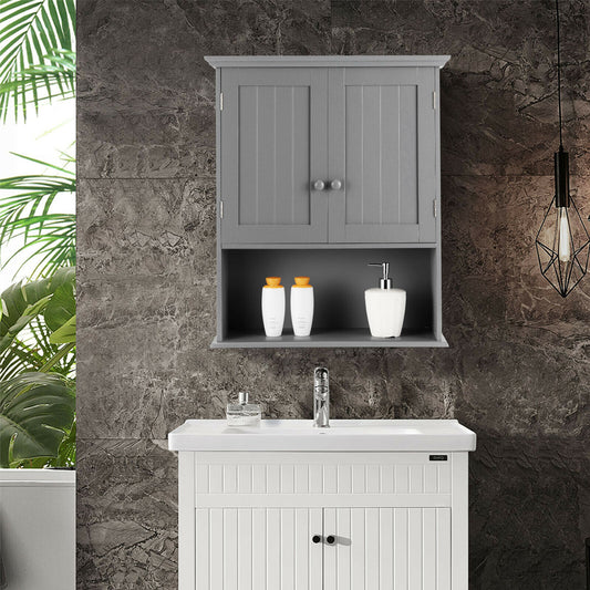 Grey wall cabinet in a modern bathroom above a vanity unit