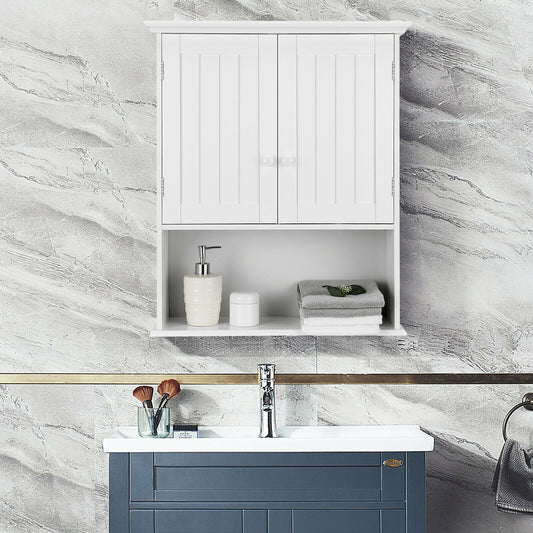 The wall cabinet is shown mounted above a sink in a bathroom with marble effect walls