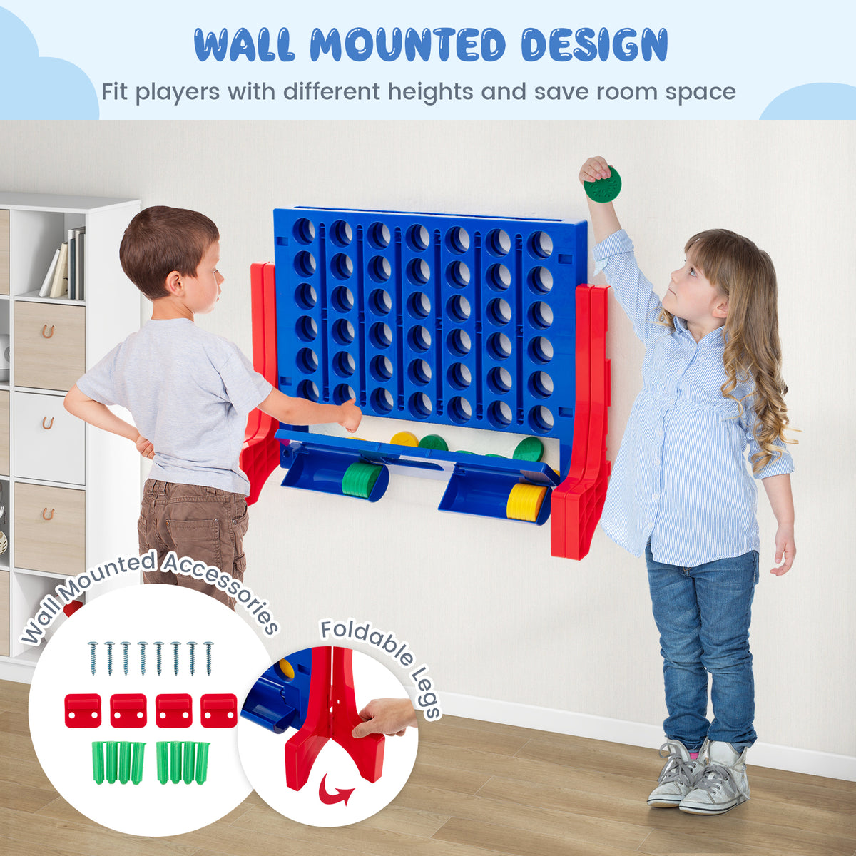 Wall mounted design for the giant four-in-a-row lawn game with accessories