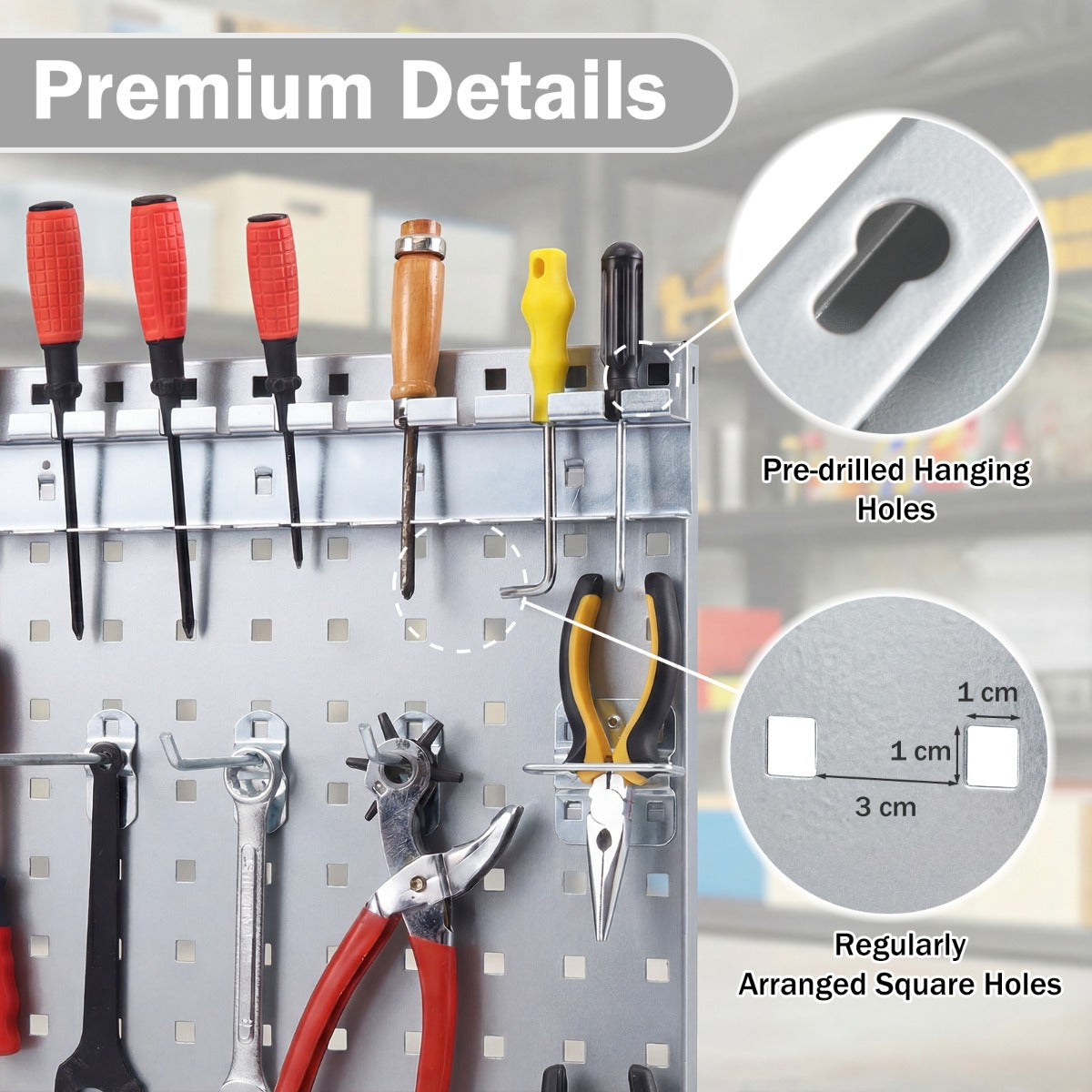 Close-up of the garage tool organiser showing mounting holes and square slots for hooks