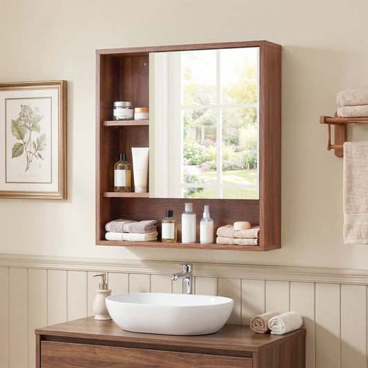 The wall cabinet with mirror shown in a bathroom setting above a sink with toiletries