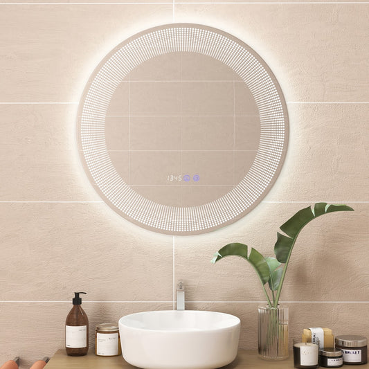 The round mirror mounted on a tiled bathroom wall above a white sink
