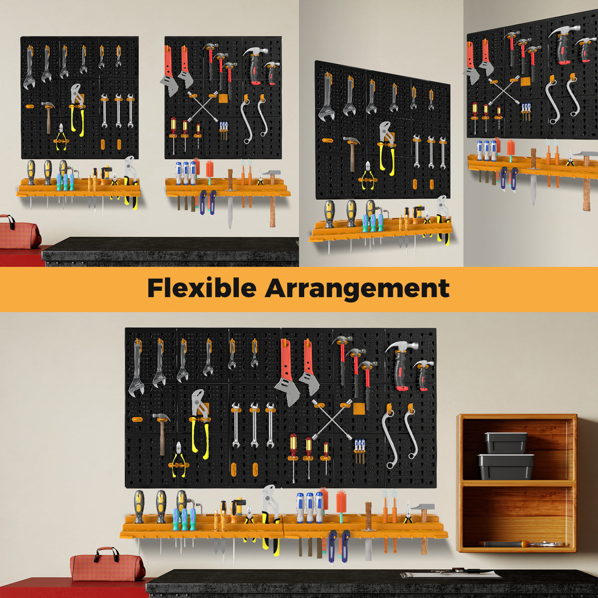 The wall tool organiser with different tool arrangements on pegboard and shelves