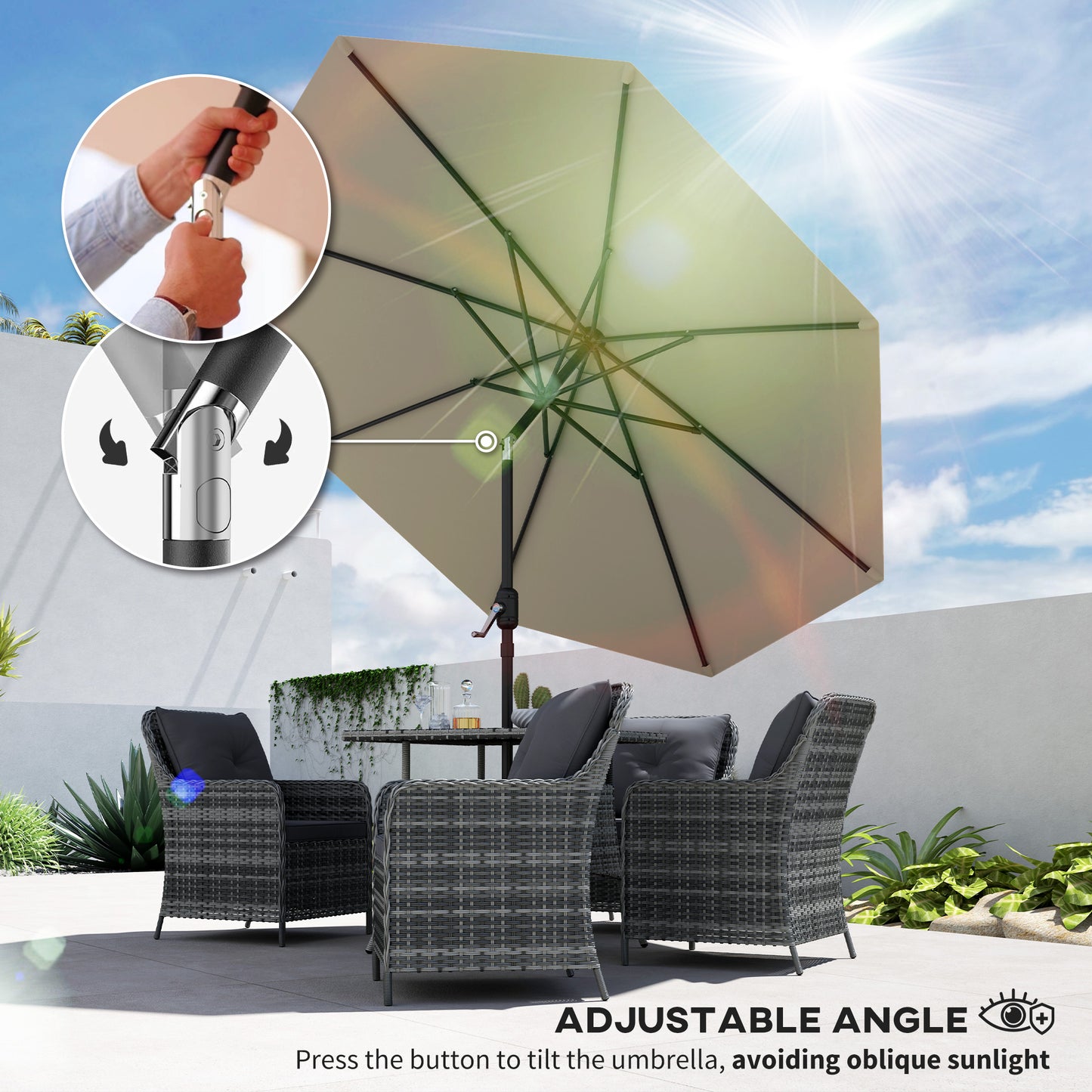 Outsunny 2.6M Garden Parasol Umbrella with Tilt and Crank, Outdoor Sun Parasol Sunshade Shelter with Aluminium Frame, Light Grey