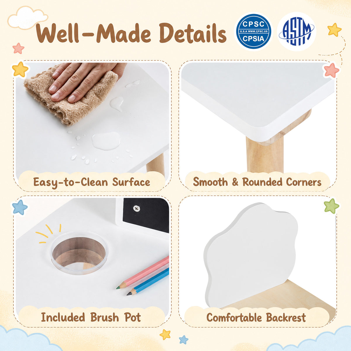 The kids table and chair set showing close up details of the surface and storage pot