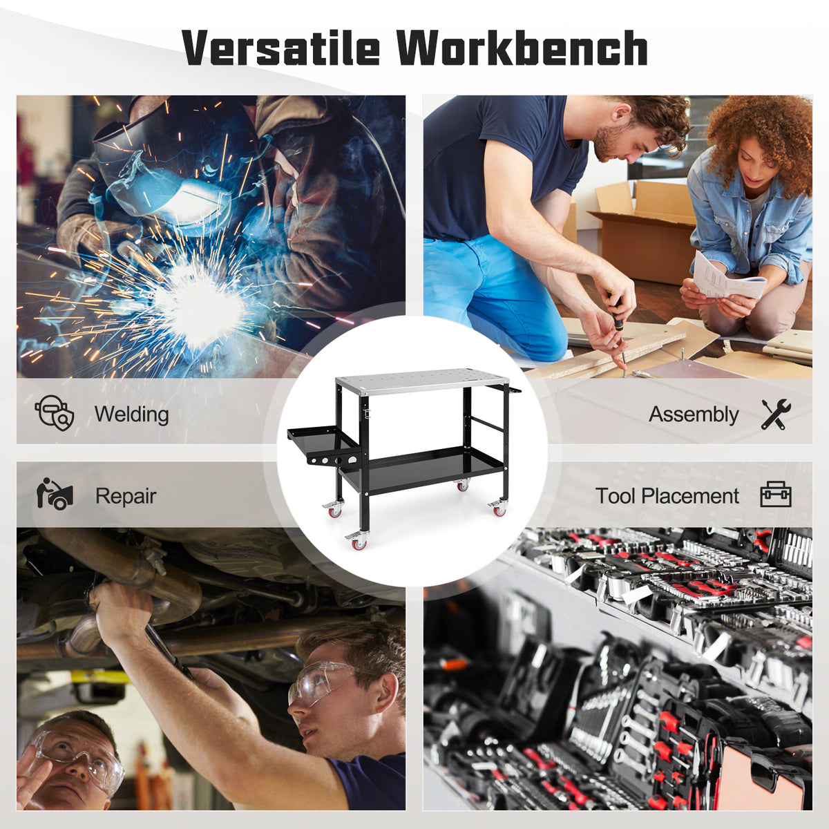 Collage showing the garage workbench used for welding, repair, assembly and tool storage