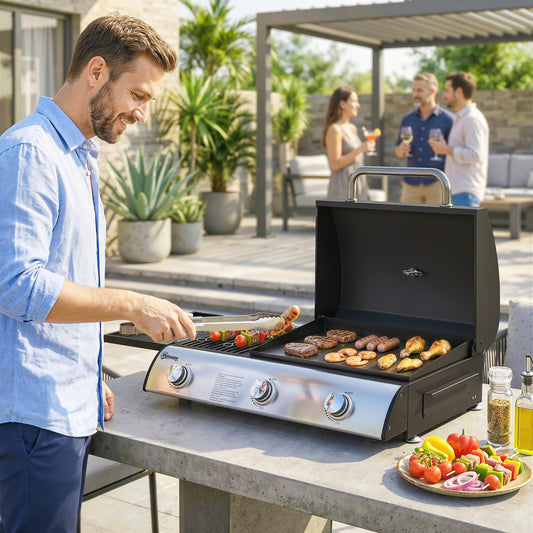 Outsunny 3 Burner Portable Gas Plancha BBQ Grill in Black