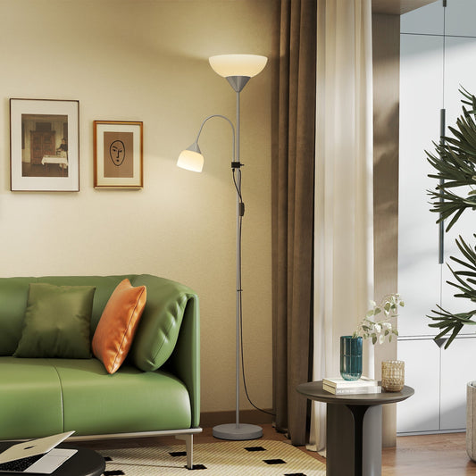 مصباح أرضي HOMCOM LED لغرفة المعيشة، مصباح قائم طويل بطول 180 سم، إضاءة علوية للأم والطفل برقبة مرنة قابلة للتعديل، 3000K/4500K/6500K درجات حرارة الألوان، فضي