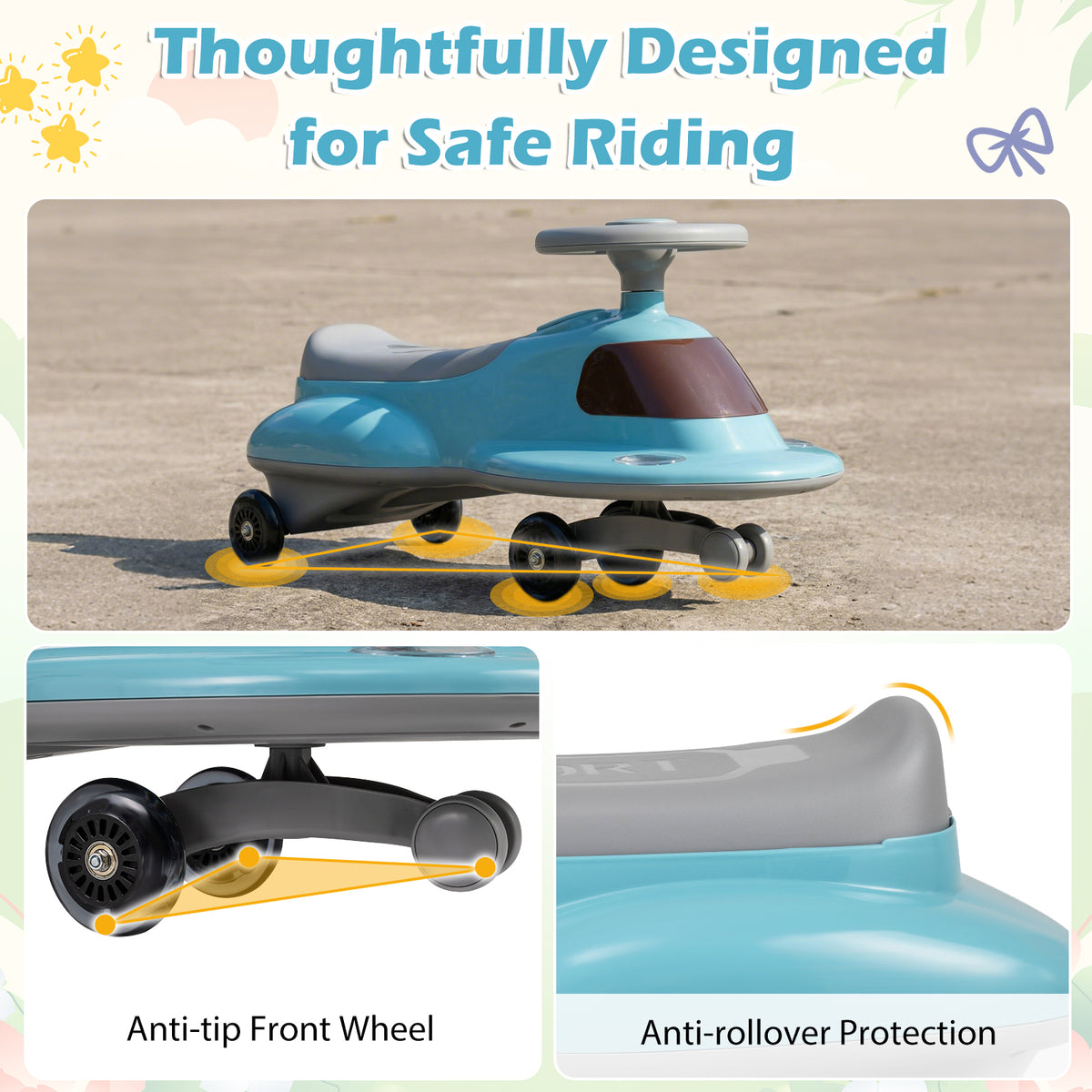 The ride on toy highlighting safety features like anti-tip wheels and seat design