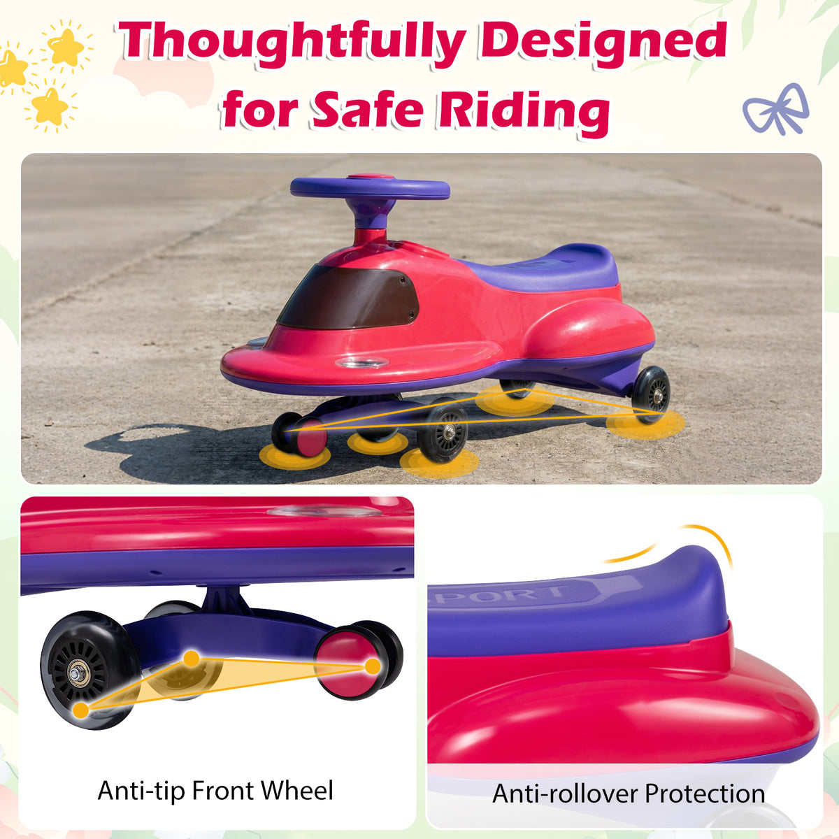 The ride on toy highlighting safety features like the anti-tip front wheel and seat design