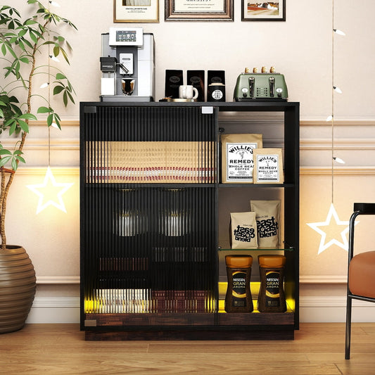 The wine bar cabinet in a room setting, filled with coffee supplies and kitchen appliances on top