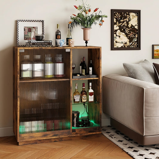 Rustic brown wine bar cabinet filled with bottles and glasses in a dining room setting