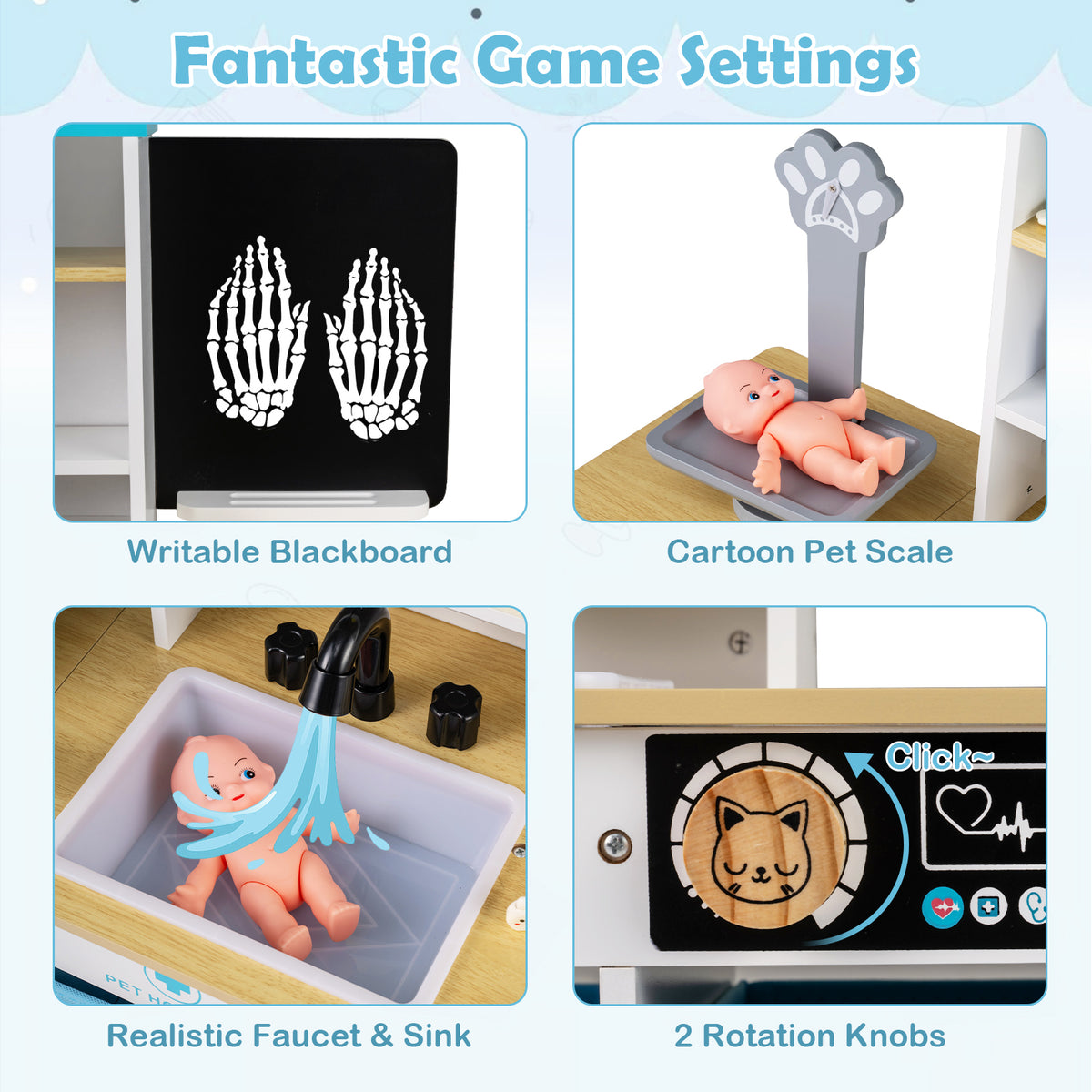 Close-up views of the wooden medical centre toy set features