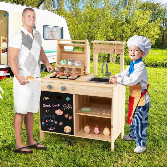 A man and a child playing with the wooden barbecue grill toy set outdoors