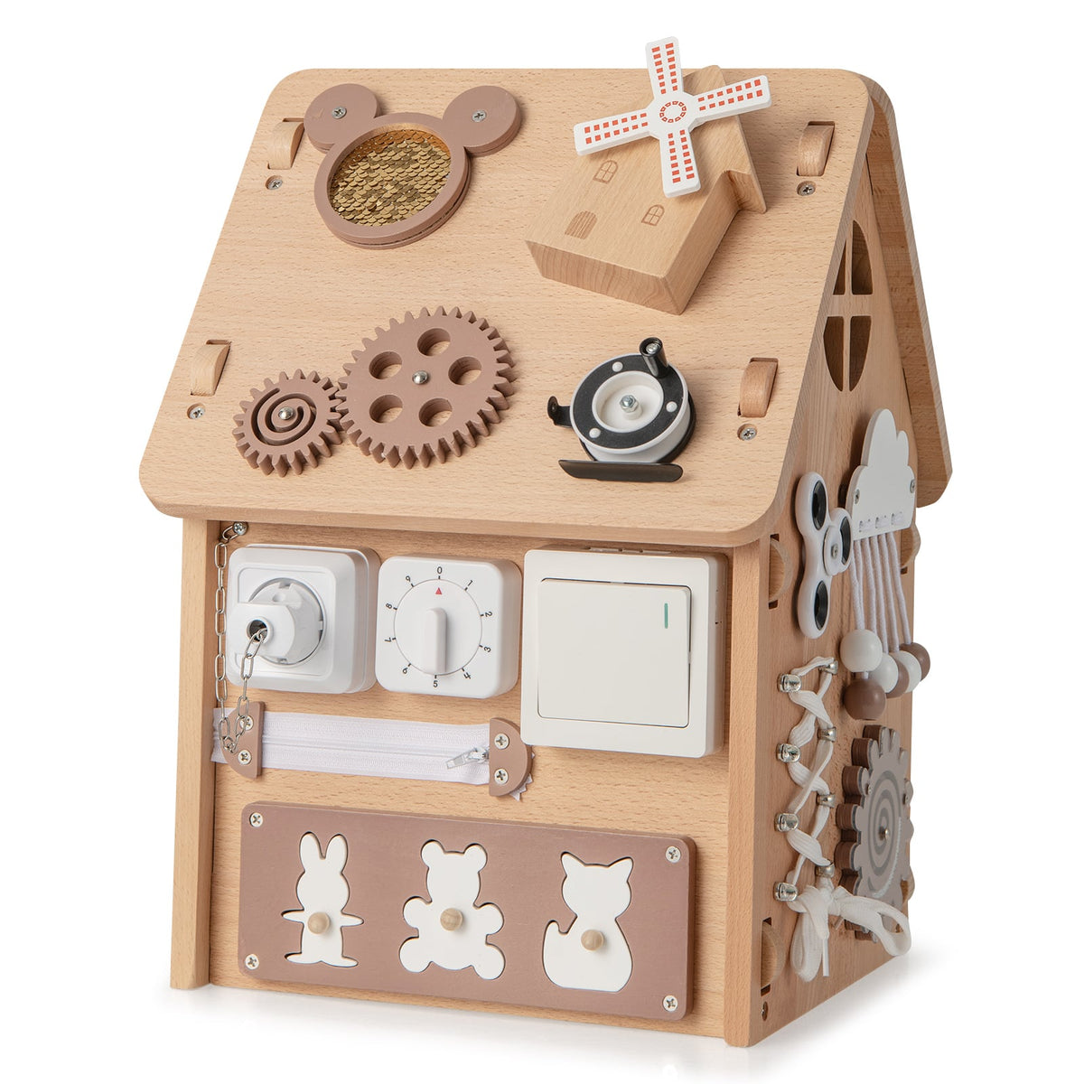 The learning toy showing the side panel with gears and a light switch