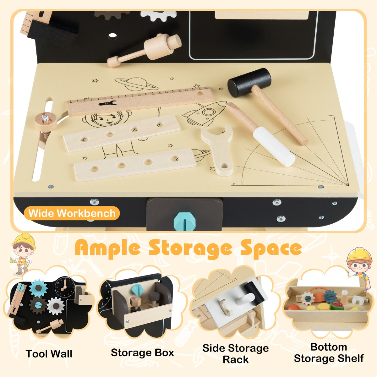 The wooden construction workshop showing a wide workbench and ample storage space