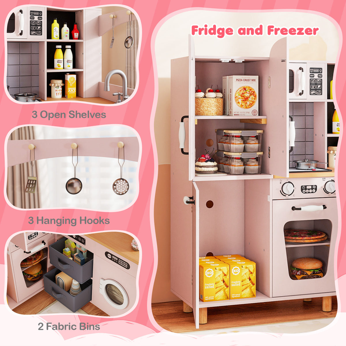 Fridge and freezer details of the pink wooden play kitchen with open shelves, hanging hooks and fabric bins