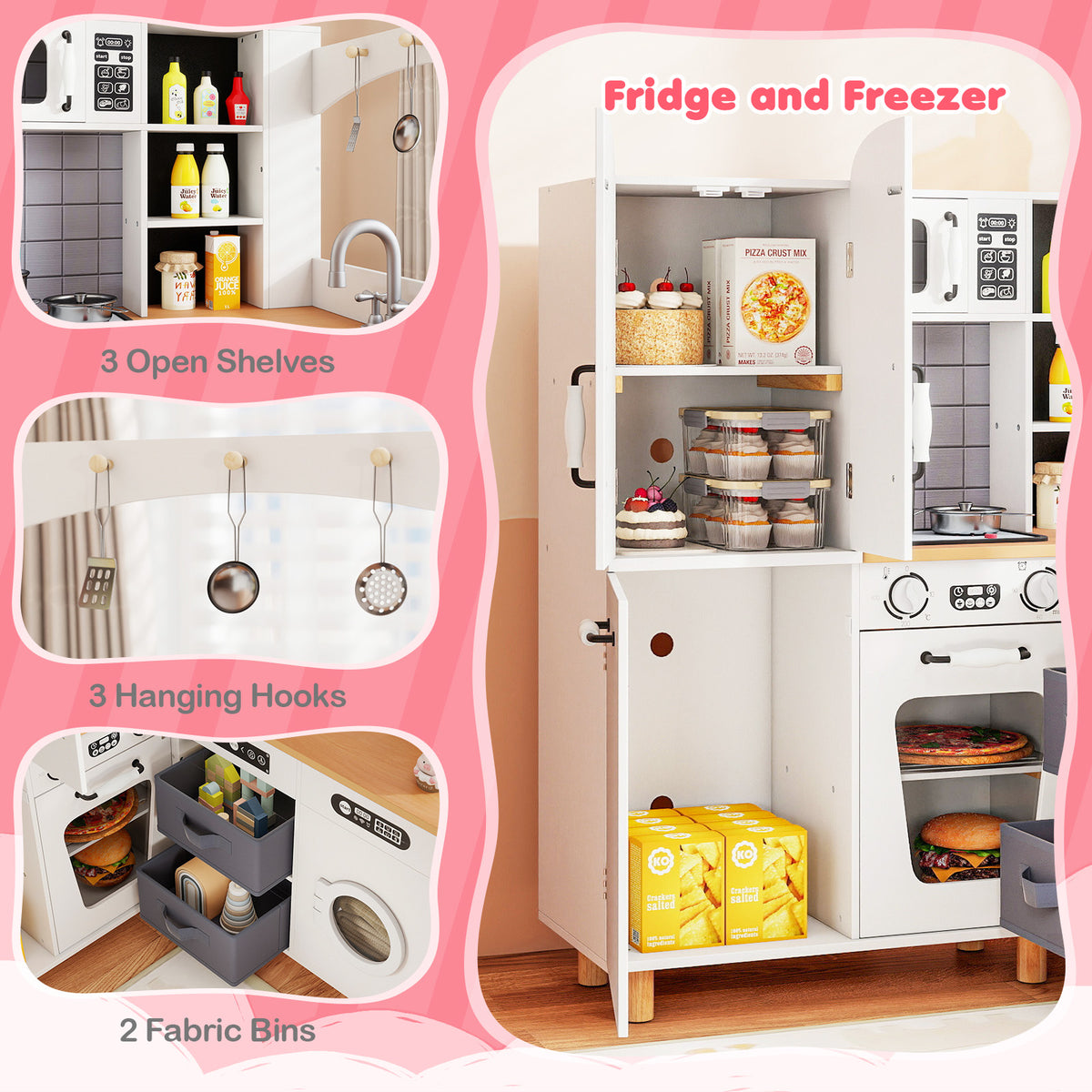 The storage areas of the kitchen including the fridge, freezer, hooks, and fabric bins