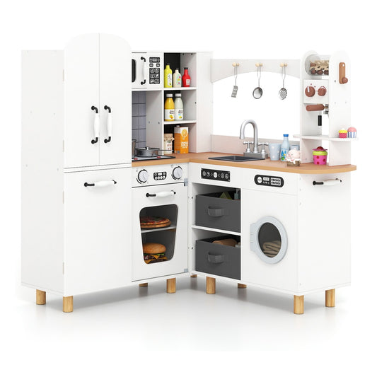 The play kitchen set featuring a sink, oven, washing machine, and storage shelves in white