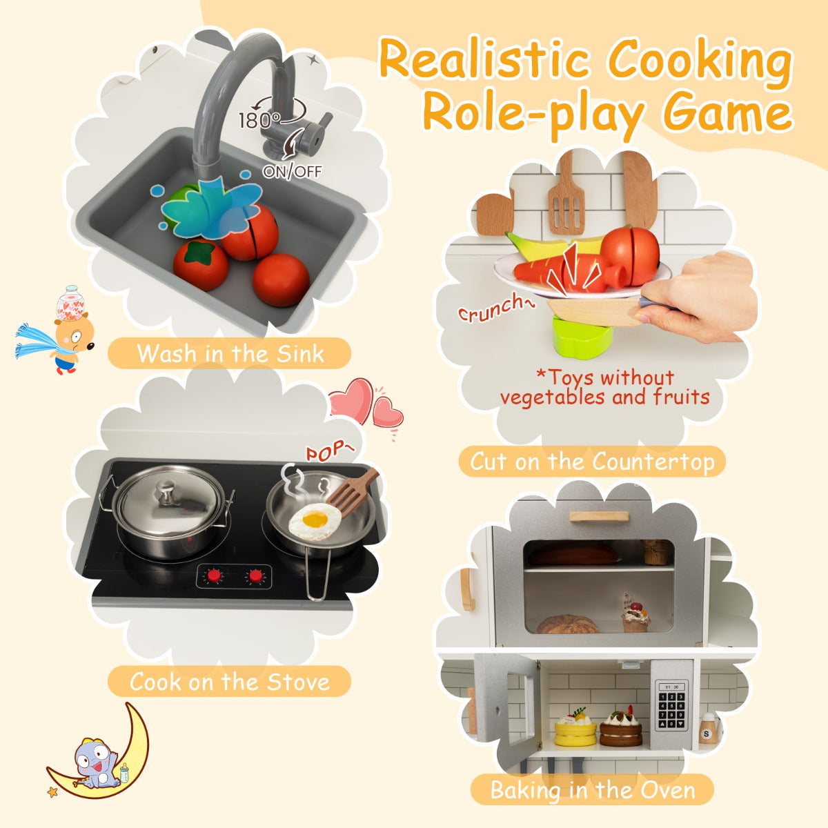 Close-ups of the play kitchen's features: sink, hob, countertop and oven