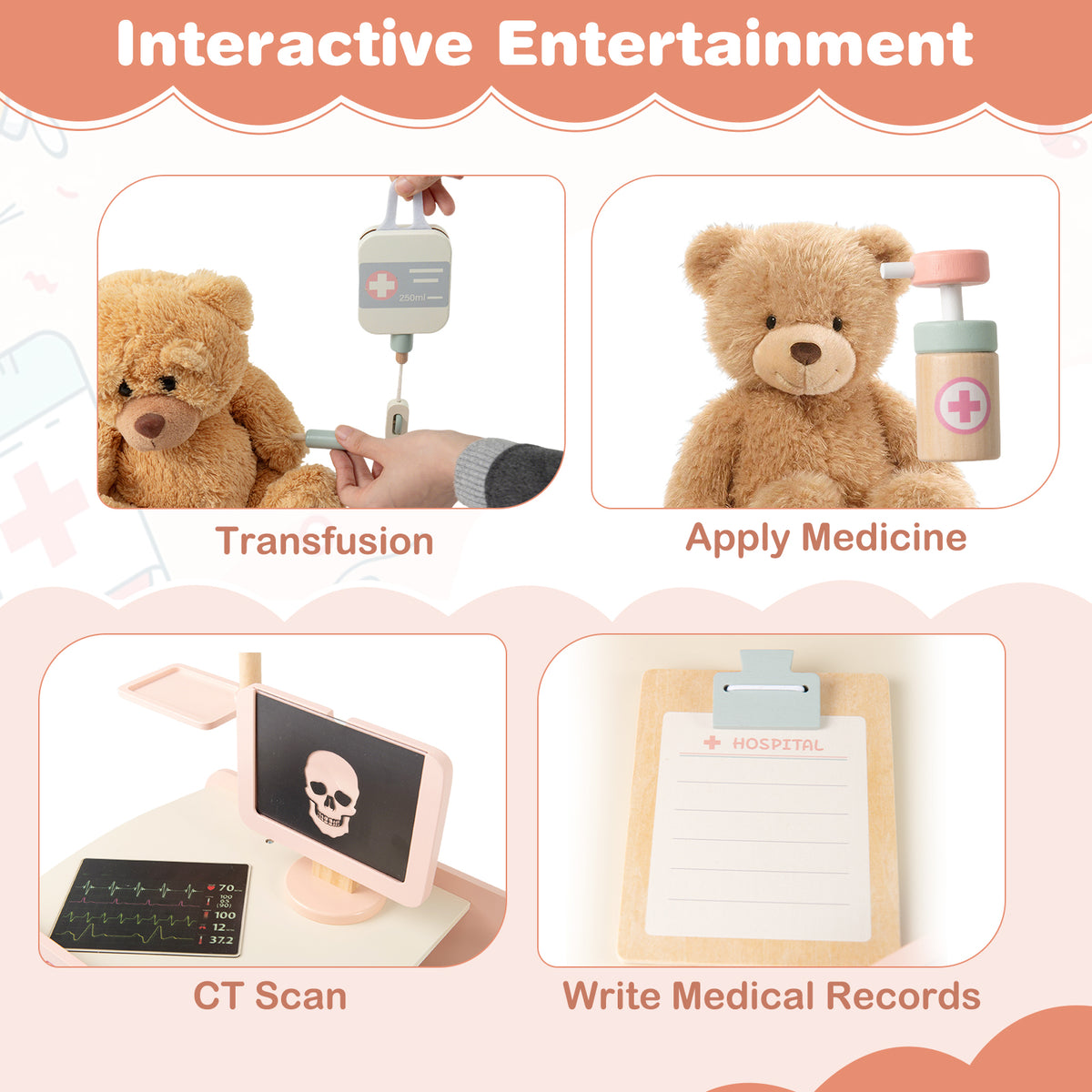 Teddy bear playing doctor with various medical accessories and trolley screen