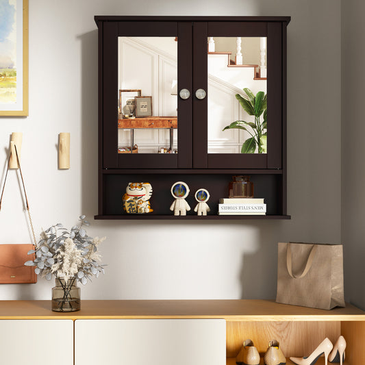 The wooden hanging medicine organizer with mirror and adjustable shelf in a hallway setting