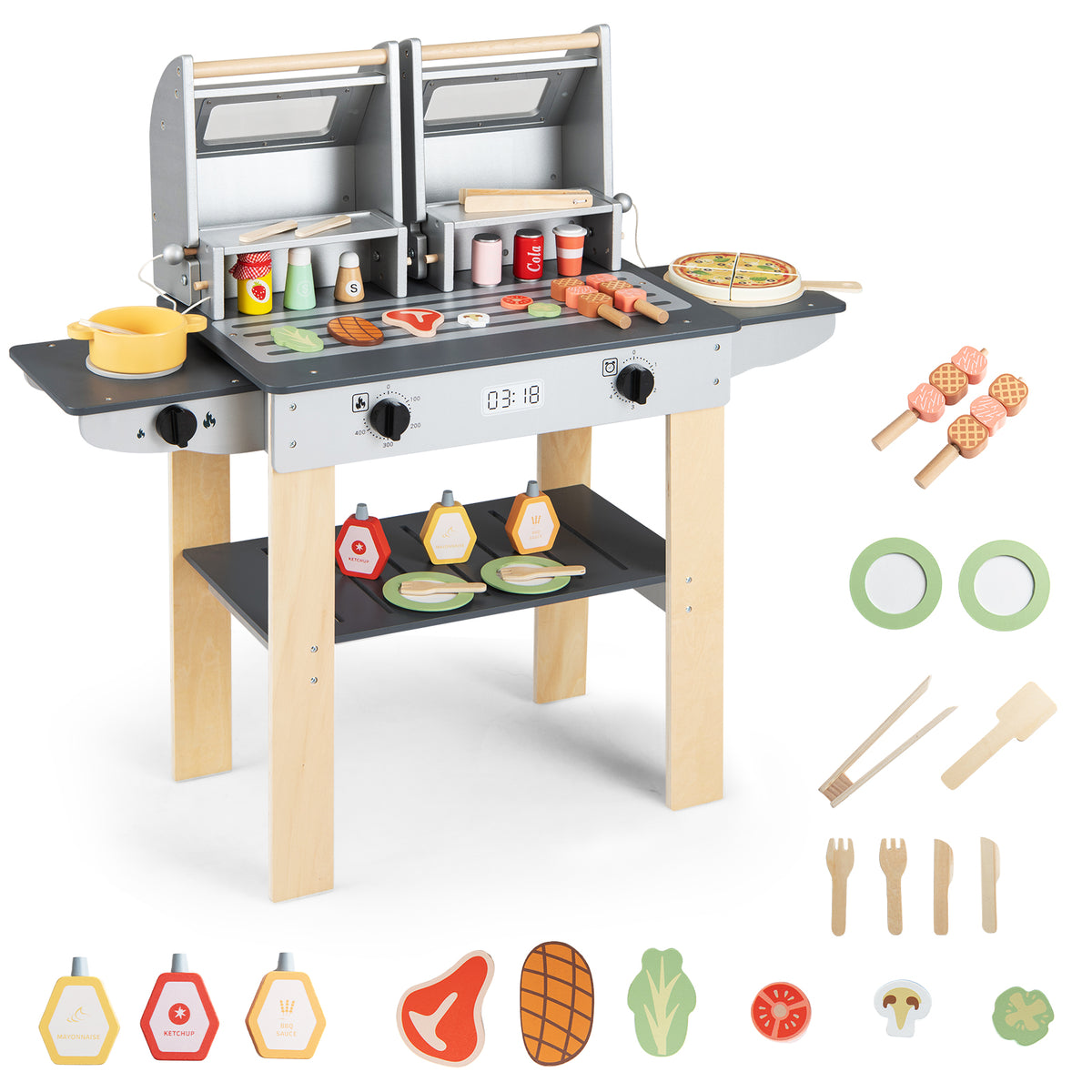 All the parts included with the wooden barbecue grill playset
