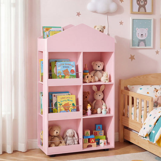 The kids storage unit filled with books and toys in a child's bedroom next to a wooden bed