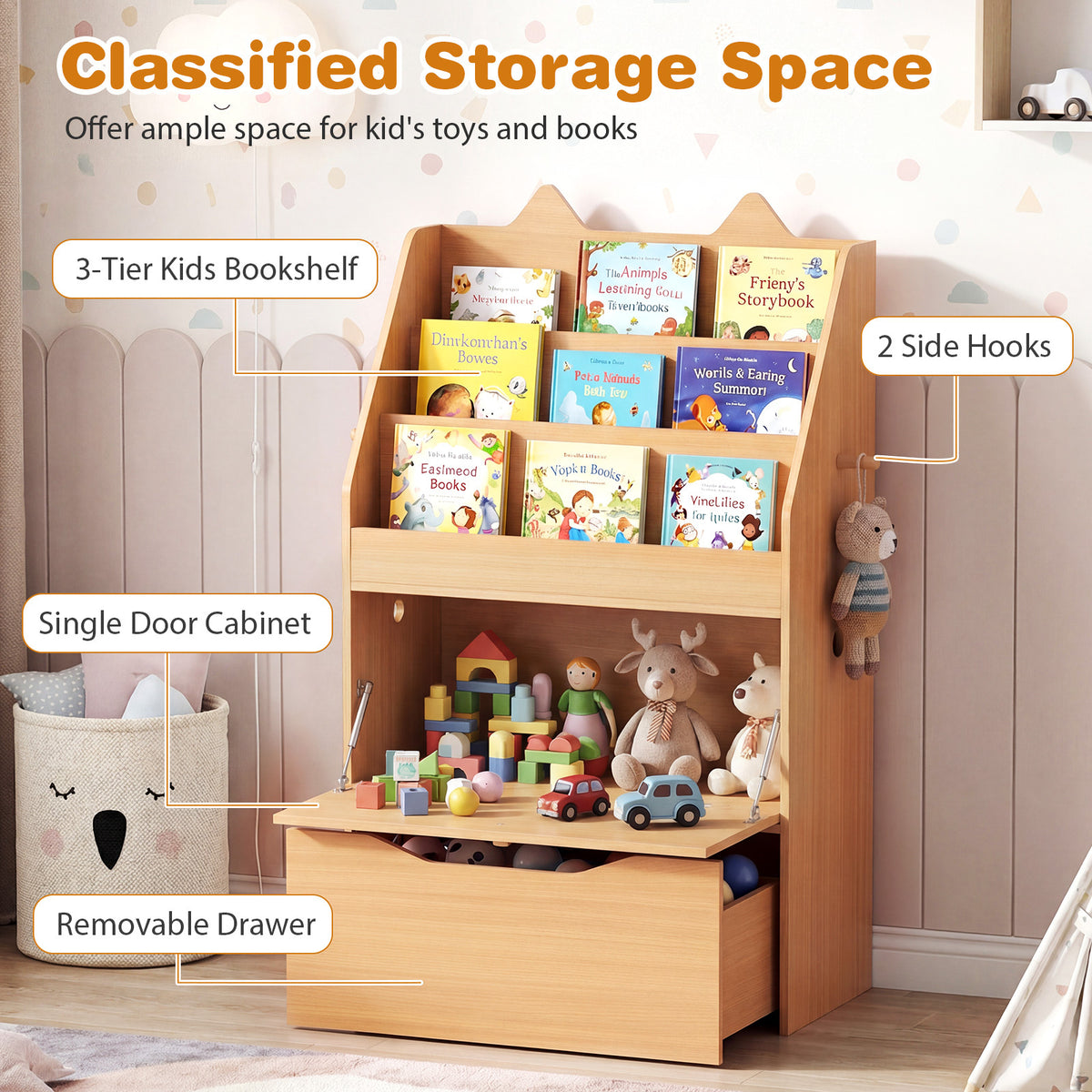 The classified storage space of the kids storage unit with its drawer open