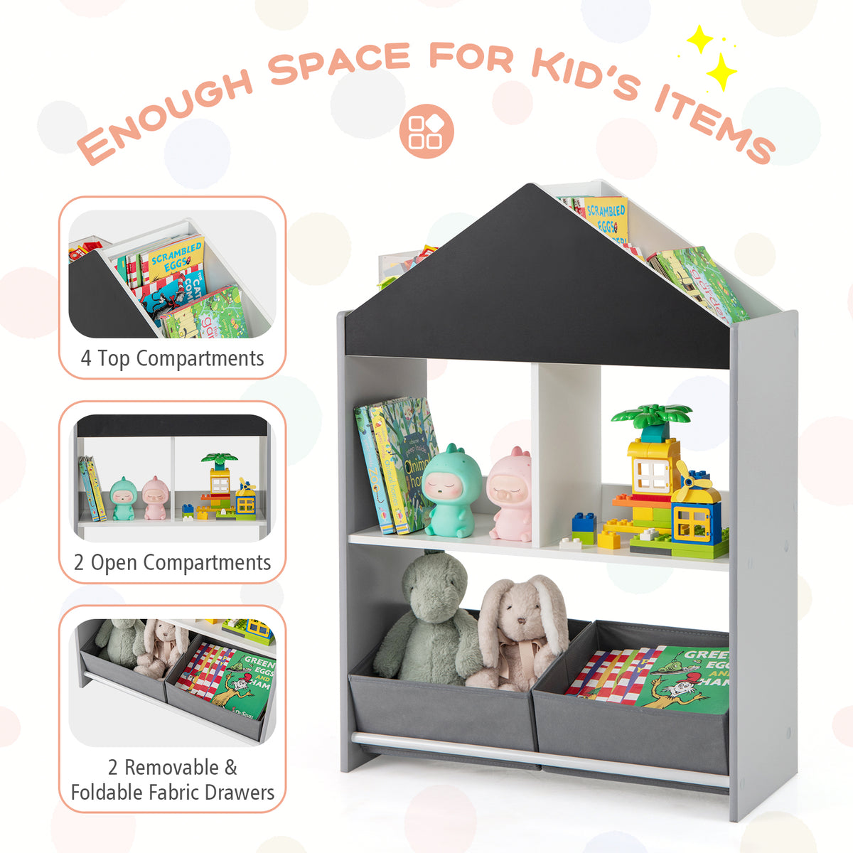 Close up of the kids storage organiser showing compartments and fabric drawers