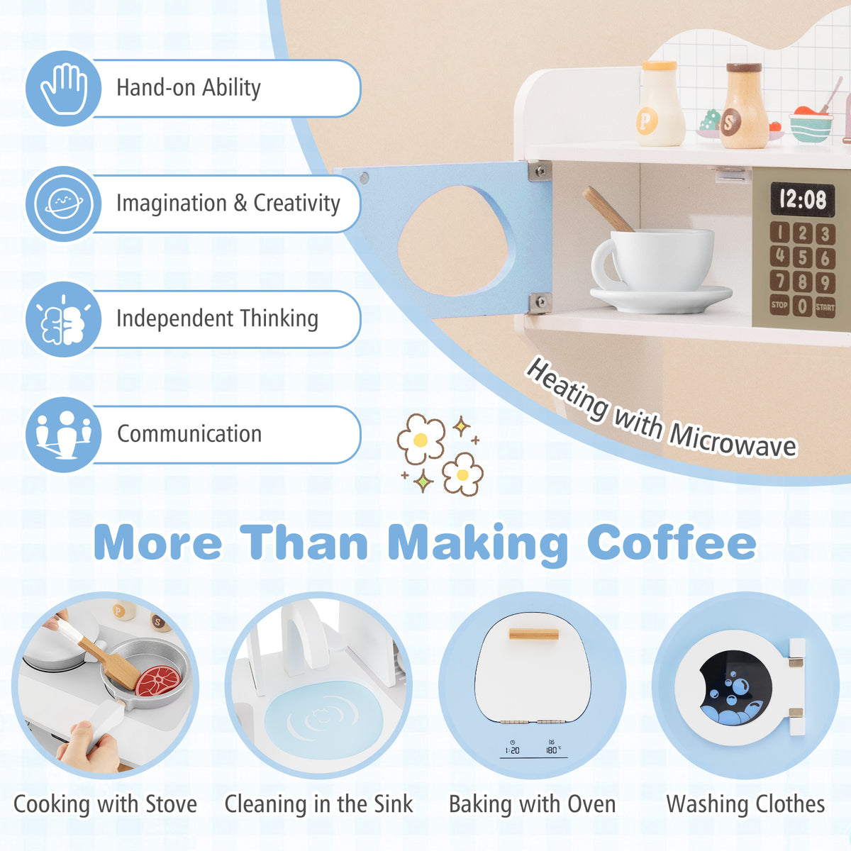 Icons showing benefits and features of the play kitchen set including cooking and washing