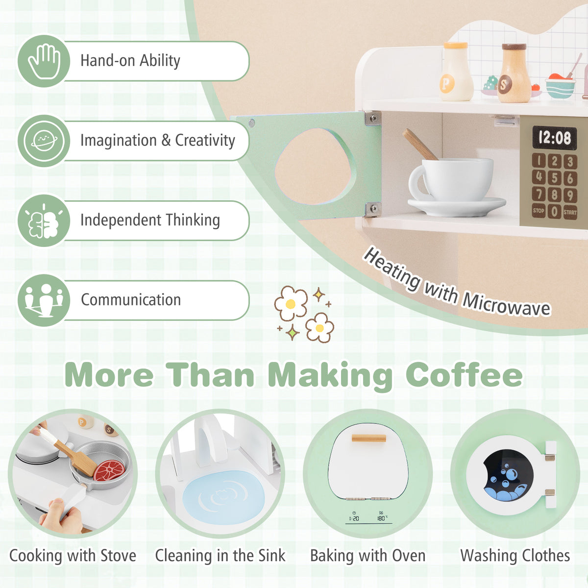 The play kitchen set showing various interactive features like the oven, sink and stove