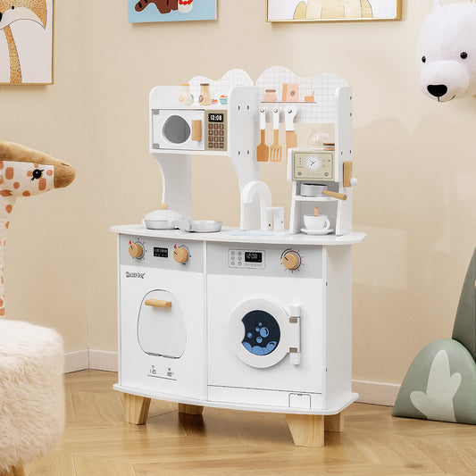 White wooden kids play kitchen with coffee maker and washing machine, shown in a room