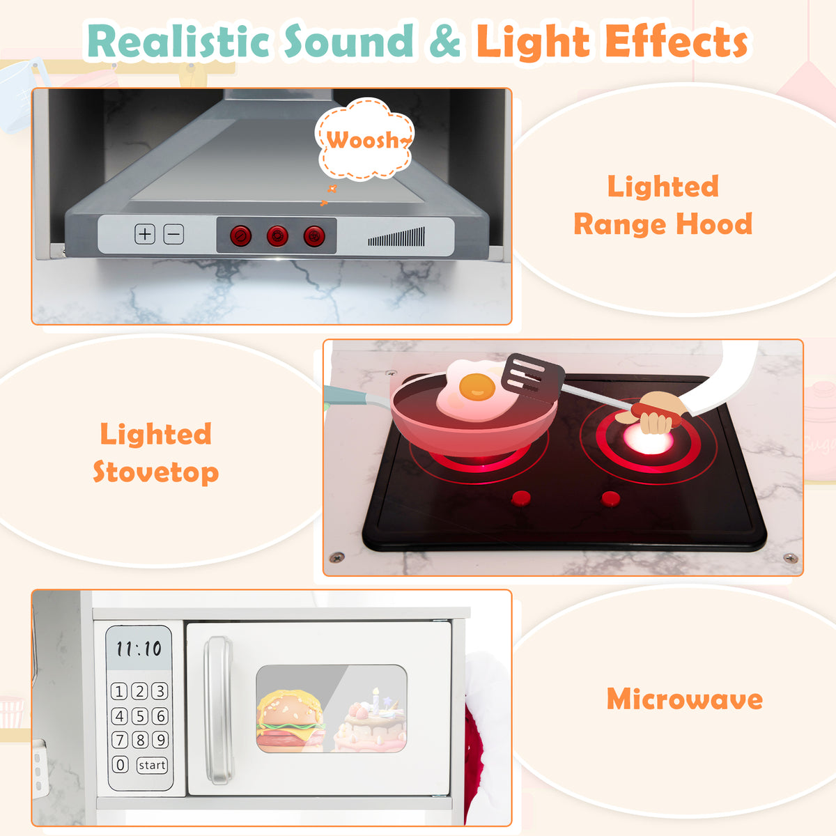 The play kitchen set showing the illuminated range hood, glowing stovetop and microwave