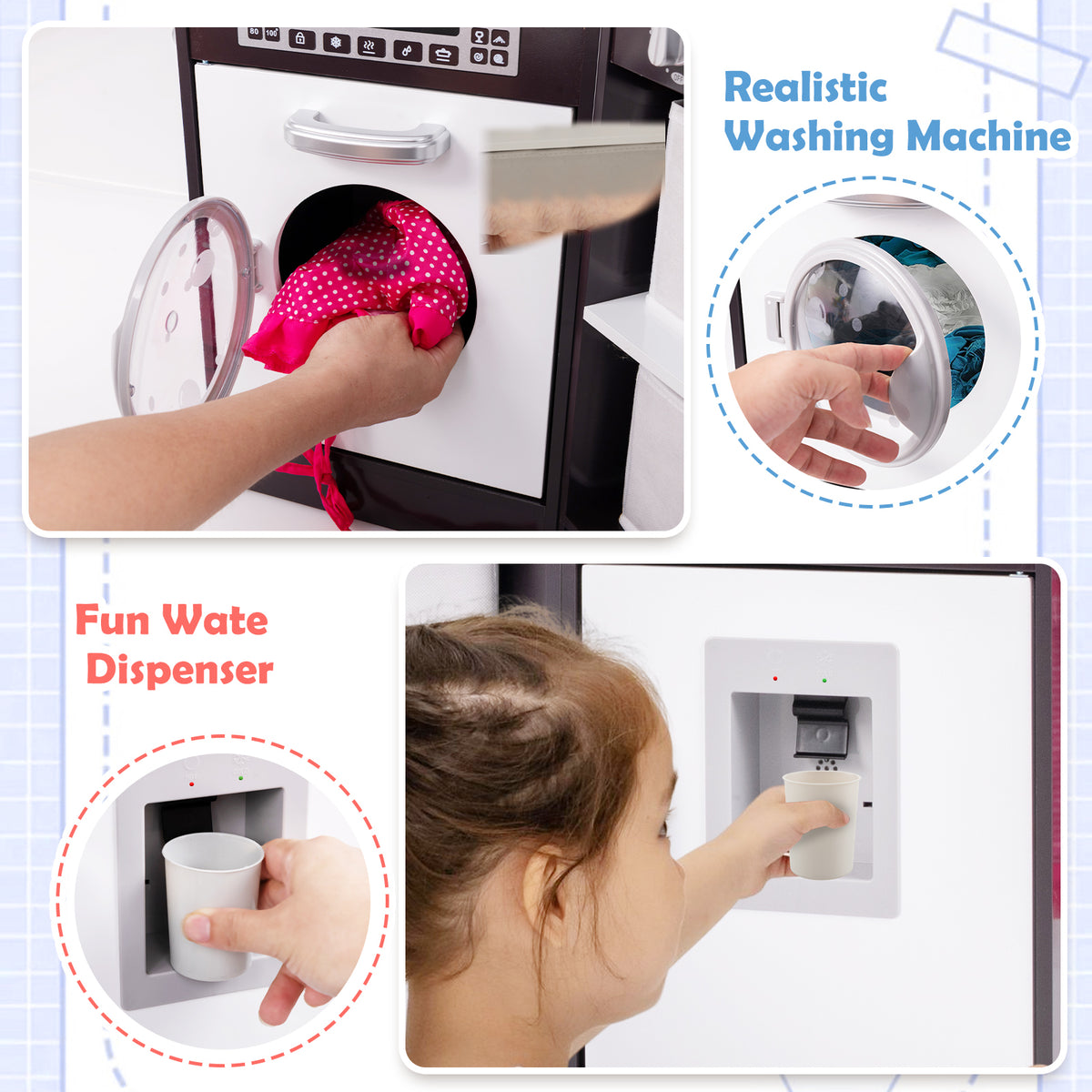 The play kitchen's washing machine and water dispenser in use