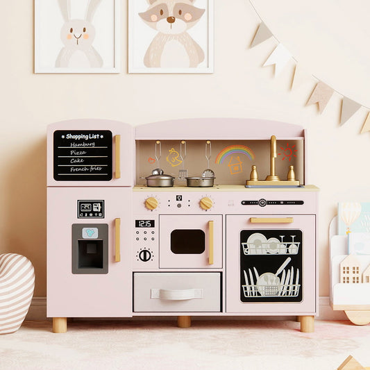 Pink play kitchen set with accessories in a child's room