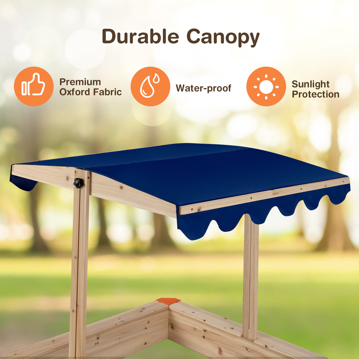 Close-up of the durable blue canopy on the wooden kids sandbox, highlighting its features