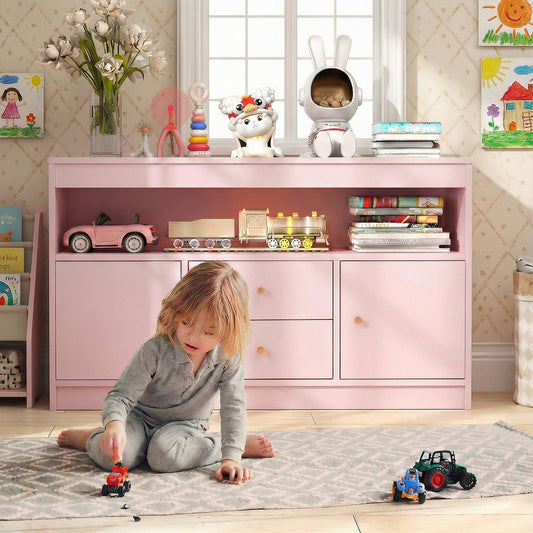 The kids storage unit in a bedroom with a child playing with toy cars on the rug in front