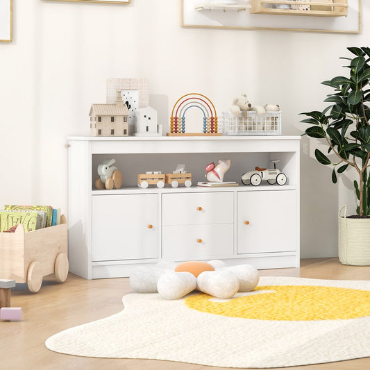 The kids storage unit is shown in a bright nursery with toys and books