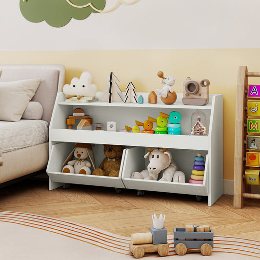 The kids storage unit filled with toys in a child's bedroom setting