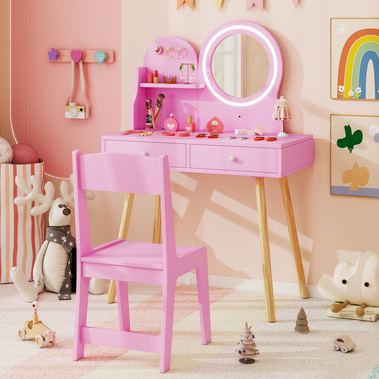 The pink kids vanity set with lighted mirror in a child's bedroom with decorations
