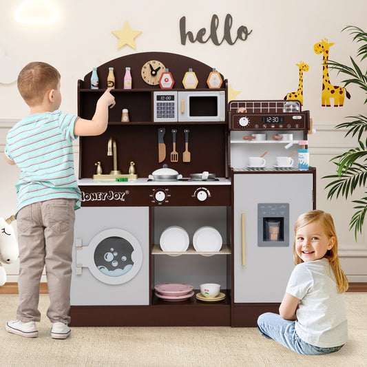 Two children playing with the wooden kitchen playset, one boy reaching for the microwave and a girl smiling at the camera