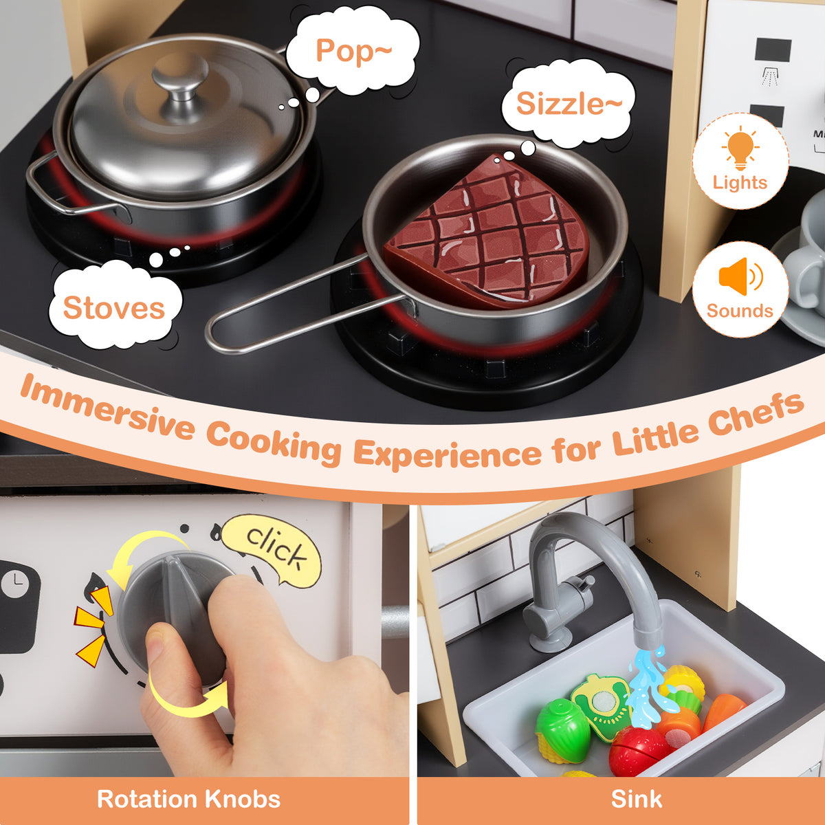 Close-ups of the play kitchen's hob with pans and the sink with food