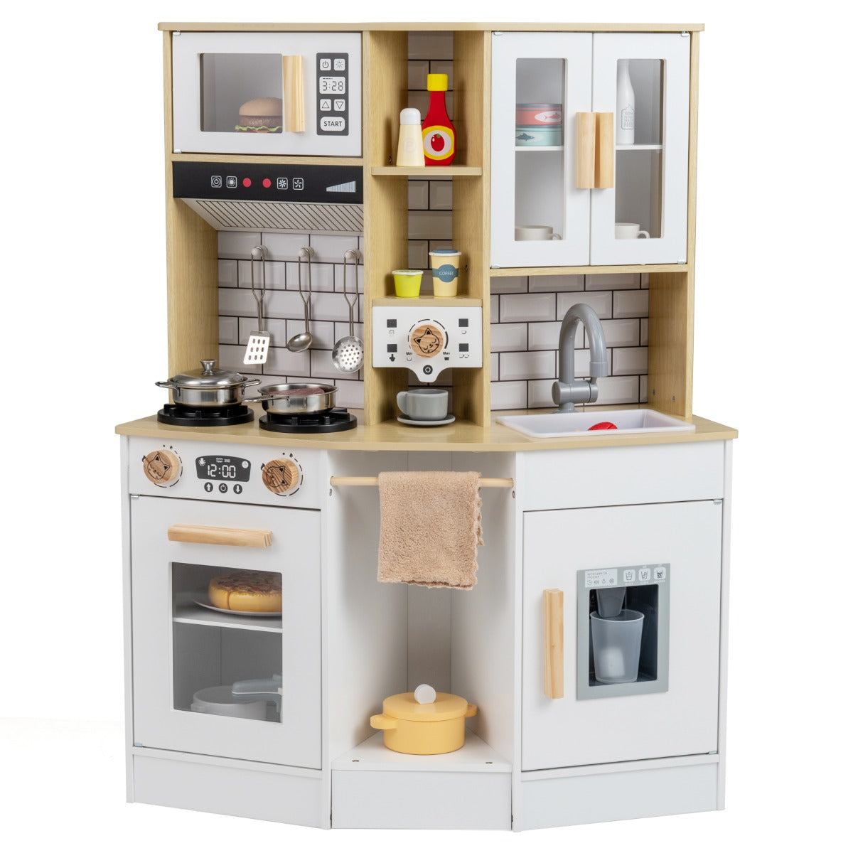 Wooden Kitchen Playset with oven, microwave, hob, sink and fridge, in natural wood and white finish