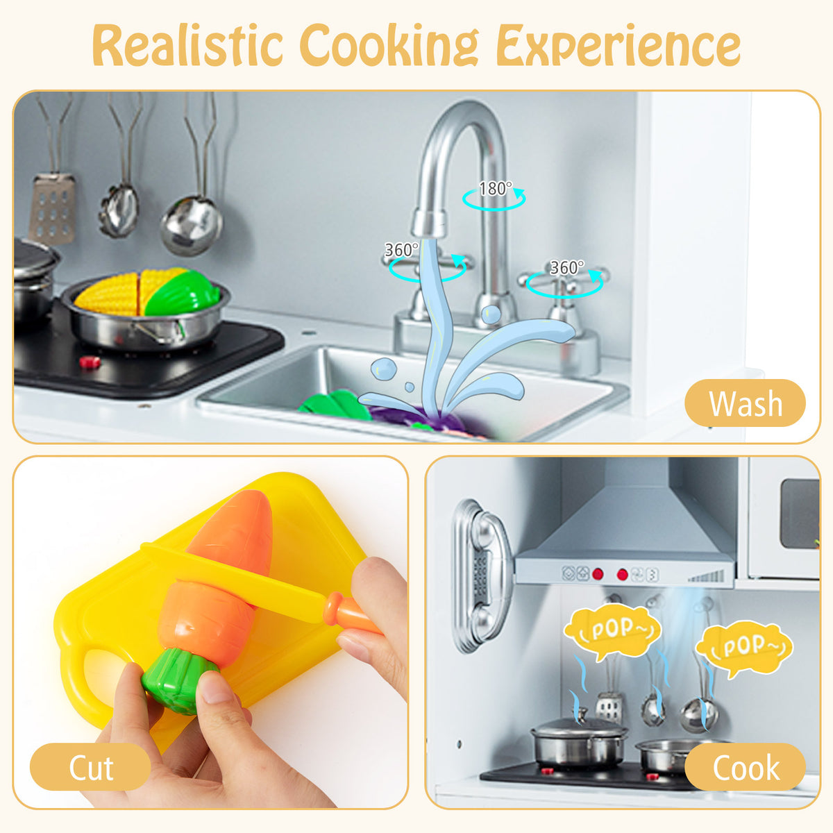 The play kitchen set showing close-ups of the sink, cutting food, and cooking features