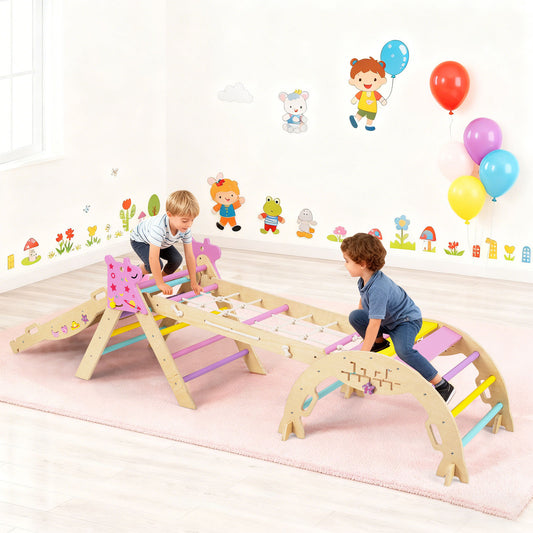Two young children playing on the wooden climbing frame in a bright room