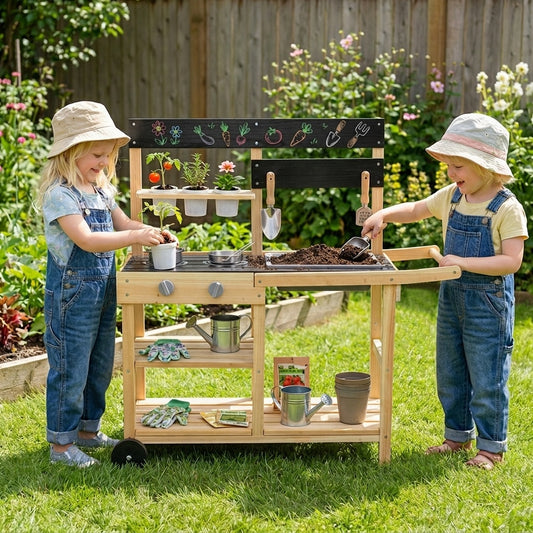 The wooden play kitchen is used by two children playing with soil and plants in a garden