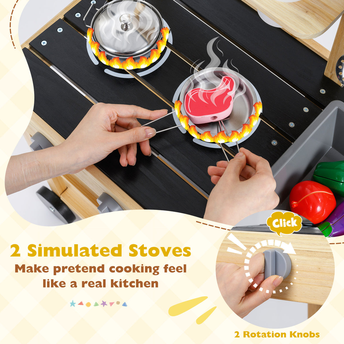 The wooden play kitchen has two simulated stoves with rotation knobs for realistic play