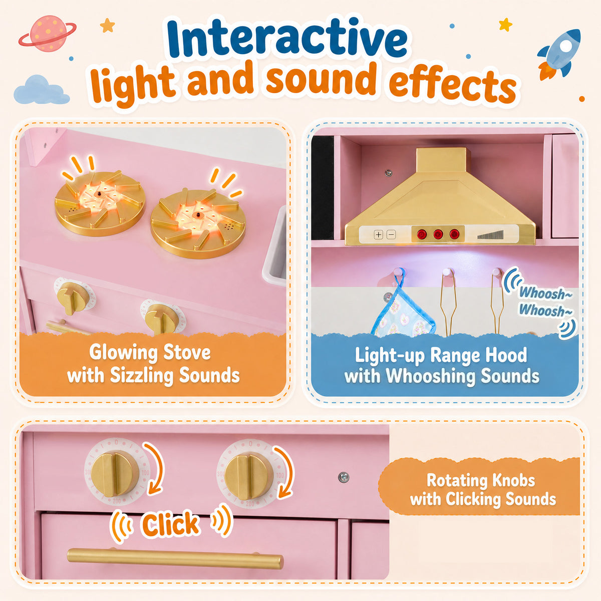The play kitchen set showing close-up details of the stove lights and interactive sound features